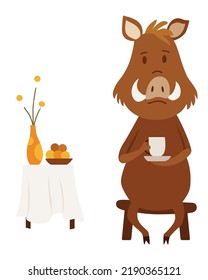 Hog sit with cup of tea arranging their cozy home. Wild forest animal. Flat cartoon character. Vector Illustration