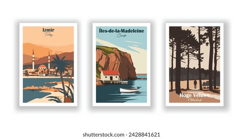 Hoge Veluwe, Netherlands. Îles-de-la-Madeleine, Canada. Izmir, Turkey - Vintage travel poster. Vector illustration. High quality prints