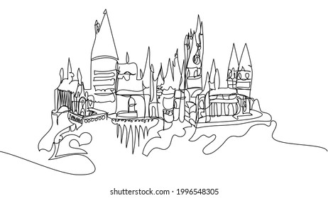 Hogwarts Castle drawn one line on a white background. Harry Potter School of Witchcraft and Wizardry Stock Editorial illustration. 10,06,2020 Ukraine Cherkasy