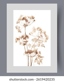 Hogweed plant yellowed from dry weather or approach of autumn on wall art. Watercolor artwork. Print with wild hogweed growing uncontrollably in abandoned fields, in frame with decor for poster