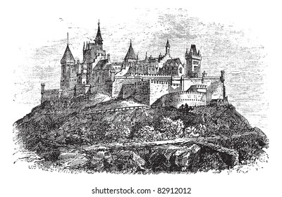 Hohenzollern Castle or Burg Hohenzollern in Stuttgart, Germany, during the 1890s, vintage engraving. Old engraved illustration of Hohenzollern Castle. Trousset encyclopedia (1886 - 1891).