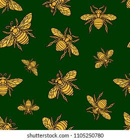 Hohey bee golden embroidery seamless pattern textile fabrics ornamented golden wings insect Hand drawn vector honey bee luxury embroidered style