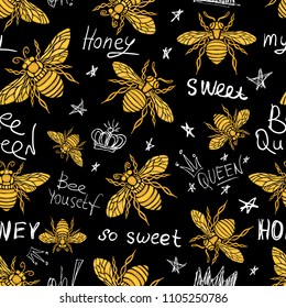 Hohey bee golden embroidery seamless pattern queen crown textile fabrics ornamented golden wings insect Hand drawn vector honey bee luxury fashion embroidered style