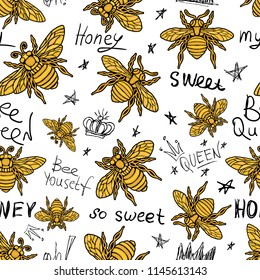 Hohey bee golden embroidery seamless pattern queen crown textile fabrics ornamented golden wings insect Hand drawn vector honey bee luxury fashion embroidered style