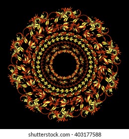 hohloma circular pattern on a black background. vector illustration