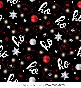 Ho-ho, laughing Santa Claus. Seamless texture for Christmas design. Vector black background with handwritten white words and Christmas lights.