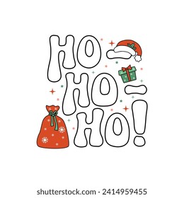 Ho-Ho-Ho cartoon retro lettering phrase on decorated background. Vintage vector winter illustration with text decor for greeting card or poster. Positive holiday season quote for banner or template