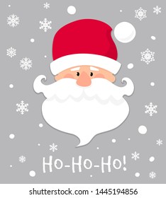 Ho-Ho-Ho! Christmas banner. Cartoon Santa Claus with white beard and moustache in red hat. Christmas holiday greeting card character. Funny winter Xmas holidays celebration cute vector background.