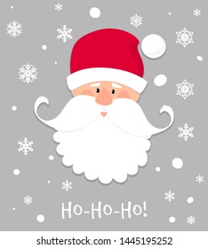 Ho-Ho-Ho! Christmas banner. Cartoon Santa Claus with white beard and moustache in red hat. Christmas holiday greeting card character. Funny winter Xmas holidays celebration cute vector background.