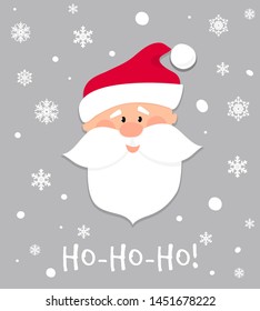 Ho-Ho-Ho! Christmas banner. Cartoon Santa Claus with white beard and moustache in red hat. Christmas holiday greeting card character. Funny winter Xmas holidays celebration cute vector background.