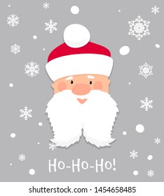 Ho-Ho-Ho! Christmas banner. Cartoon Santa Claus with white beard and moustache in red hat. Christmas holiday greeting card character. Funny winter Xmas holidays celebration cute vector background.