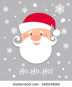 Ho-Ho-Ho! Christmas banner. Cartoon Santa Claus with white beard and moustache in red hat. Christmas holiday greeting card character. Funny winter Xmas holidays celebration cute vector background.