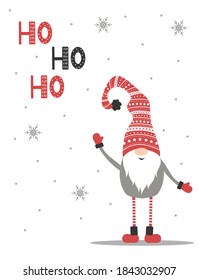 Ho-Ho-Ho Christmas greeting card. Cute swedish gnome in red santa hat. Scandinavian design element for poster, banner, postcard, flyer, gift tags and labels. Vector illustration in cartoon style.