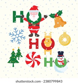 Hohoho christmas greeting typography card santa with christmas things. Seasonal celebration decoration background. Christmas character vector illustration.
