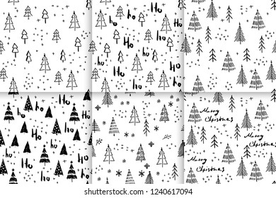 Hohoho and christmas tree seamless pattern handdrawn
