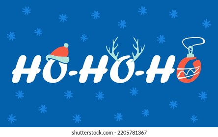 Ho-Ho-Ho Christmas vector greeting card with Santa hat, antler, and christmas decoration. Banner for winter season greetings. Christmas lettering