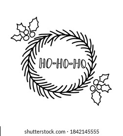 Ho-ho-ho with Christmas wreath. Cozy winter doodle elements. Christmas and New Year clipart hand drawn illustration. Vector set.