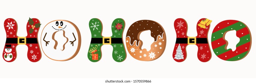 HO-HO-HO  december month creative vector- Santa's in december Decoration letters with Snowman, gift, snowflakes, cookies chocolate and more.  Decorative banners, cards, greeting. Ilustration ho ho ho