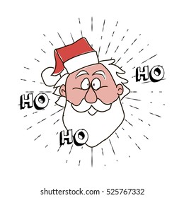 Ho-ho-ho free typography lettering and Santa Claus Head with sun burst frame. Holiday concept vector background, holiday wish and vintage label. Seasonal text design.