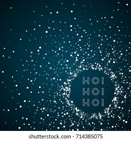 Ho-ho-ho greeting card. Random falling white dots background. Random falling white dots on blue background. Awesome vector illustration.