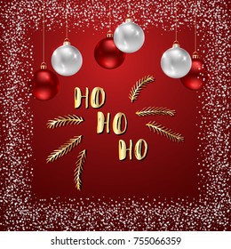 Ho-ho-ho greeting card template with vector Christmas balls and hand drawn lettering. Banner or invitation template.