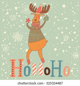 HoHoHo holiday card with lovely deer dancing under snowfall. Muted Christmas and New Year background in vector