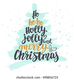 Ho-ho-ho. Holly Jolly and Merry Christmas. Xmas and Happy New Year tree word cloud, holidays hand lettering collage. Vector elements for your design on white background.