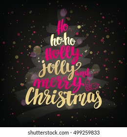Ho-ho-ho. Holly Jolly and Merry Christmas. Xmas and Happy New Year tree word cloud, holidays hand lettering collage. Vector element for your design on chalkboard dark background.