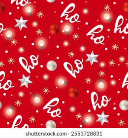 Ho-ho-ho, laughing Santa Claus. Seamless texture for Christmas design. Vector red background with handwritten white words and Christmas lights.