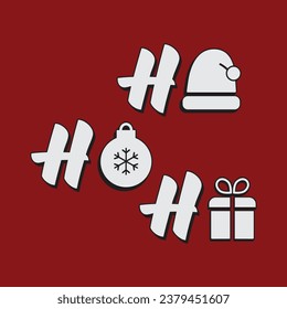 Grabado en rojo en Ho-Ho-Ho. bola de Navidad, sombrero de Navidad, caja de regalo. Tarjeta de saludo vectorial para saludos de invierno.
