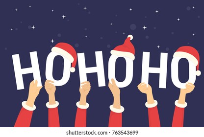 Hohoho letters with xmas hats for christmas celebration and greetings concept vector illustration of happy people celebrating the holiday. Flat human hands hold letters ho-ho-ho on black background