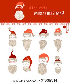 Ho-ho-ho! Merry Christmas! Set of various Santa hats, moustache, beards and eyeglasses isolated on white background.