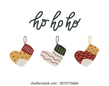 Hohoho modern script quote isolated on white background. Gift socks decoration for merry and bright holidays. Cute holiday greeting card or tag vector illustration. Hand written trendy typography. 