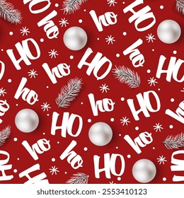 Hohoho pattern, laughing Santa Claus. Textures for Christmas design. Vector red background with handwritten words ho and with white Christmas balls