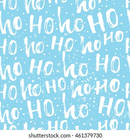 Hohoho pattern, Santa Claus laugh. Seamless texture for Christmas design. Vector blue background with lettering