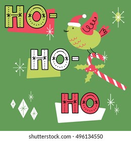 Ho-ho-ho. Retro holiday card with cute bird in mid century modern style. Bright cartoon background with holiday symbols