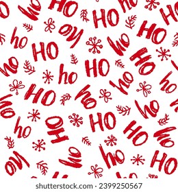 Ho-ho-ho, Santa Claus is laughing. Seamless texture for Christmas design. Vector white background with red handwritten words "ho".