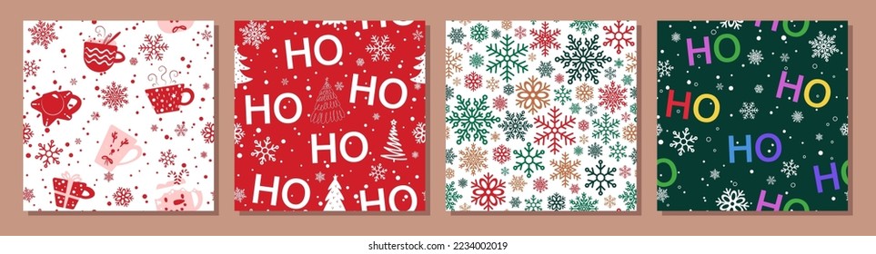 Hohoho Santa pattern, hot cocoa mugs, Christmas trees and snowflakes. Set of seamless wallpaper with Christmas design for wrapping, paper, textile. New year concept. Flat vector illustration.