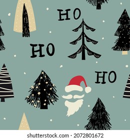 Hohoho seamless pattern, Santa Claus laugh. Santa red hat, white beard, mustache, pine, fir. Vector illustration background