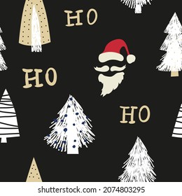 Hohoho seamless pattern, Santa Claus laugh. Santa red hat, white beard, mustache, pine, fir. Vector illustration background