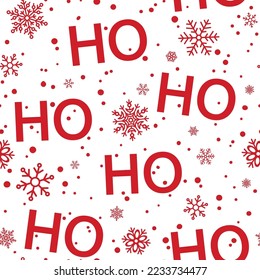 Hohoho template, Santa Claus laughs. Seamless texture for Christmas design. Vector white background with words ho and falling snow and snowflakes.