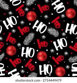 Patrón "Hohohoho", riendo Santa Claus. Texturas para el diseño de Navidades. Fondo de Vector con palabras escritas a mano "ho" y bolas rojas de Navidad