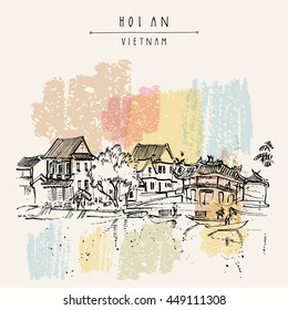 Hoi An, ancient seaside fishing village, Vietnam. Old town riverside. Historic bridge. Waterfront houses, river. Hand drawn travel poster, banner, postcard or calendar page idea. Vector illustration