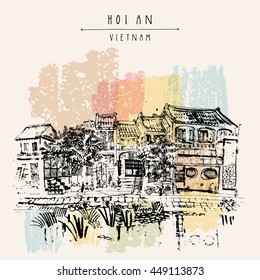 Hoi An, ancient seaside fishing village, Vietnam. Old town riverside. Historic district. Waterfront houses, river. Hand drawn travel poster, banner, postcard or calendar page idea. Vector illustration