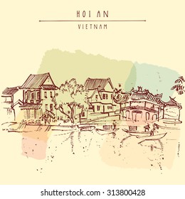 Hoi An - ancient seaside fishing village, Vietnam. Old town riverside. Historic district. Waterfront houses, river. Hand drawn vector travel poster, banner, postcard or calendar page template