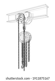 A Hoist on the beam. Vector rendering of 3d. Wire-frame style