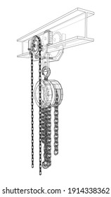A Hoist on the beam. Vector rendering of 3d. Wire-frame style