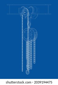 A Hoist on the beam. Vector rendering of 3d. Wire-frame style. Orthography or isometric