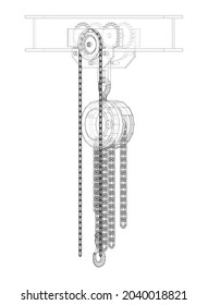 A Hoist on the beam. Vector rendering of 3d. Wire-frame style. Orthography or isometric