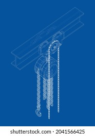 A Hoist on the beam. Vector rendering of 3d. Wire-frame style. Orthography or isometric
